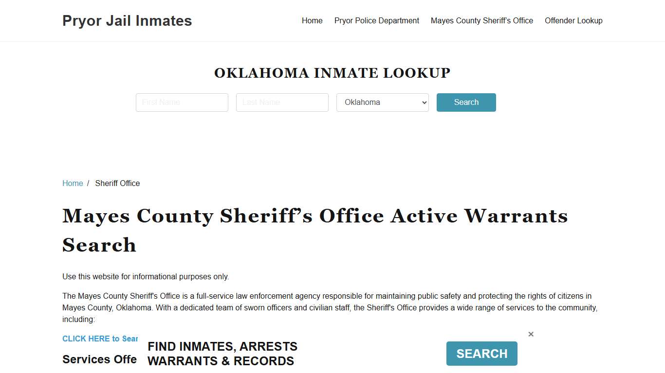 Mayes County Sheriff Office, OK Warrant Lookup